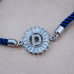 Initial Alphabet Letter D Blue Silver CZ Thread Bracelet
