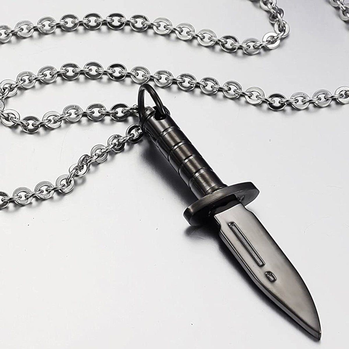Knife Black Silver Necklace Pendant Chain