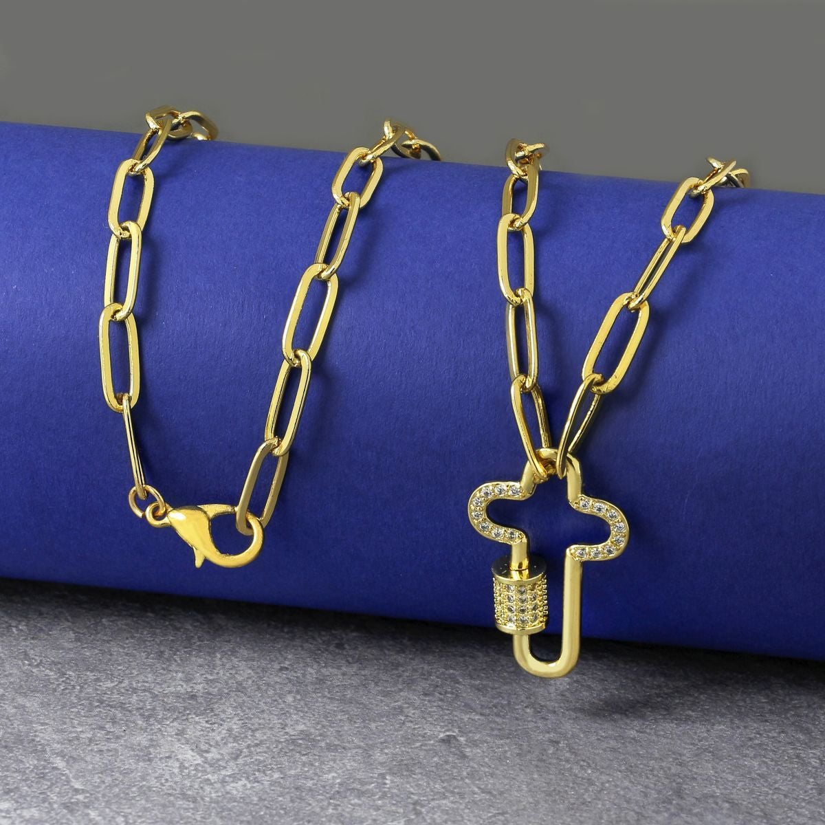 Cross Colorful Crystals Gold Links Chain Clasp Pendant Necklace