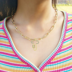 Cross Colorful Crystals Gold Links Chain Clasp Pendant Necklace