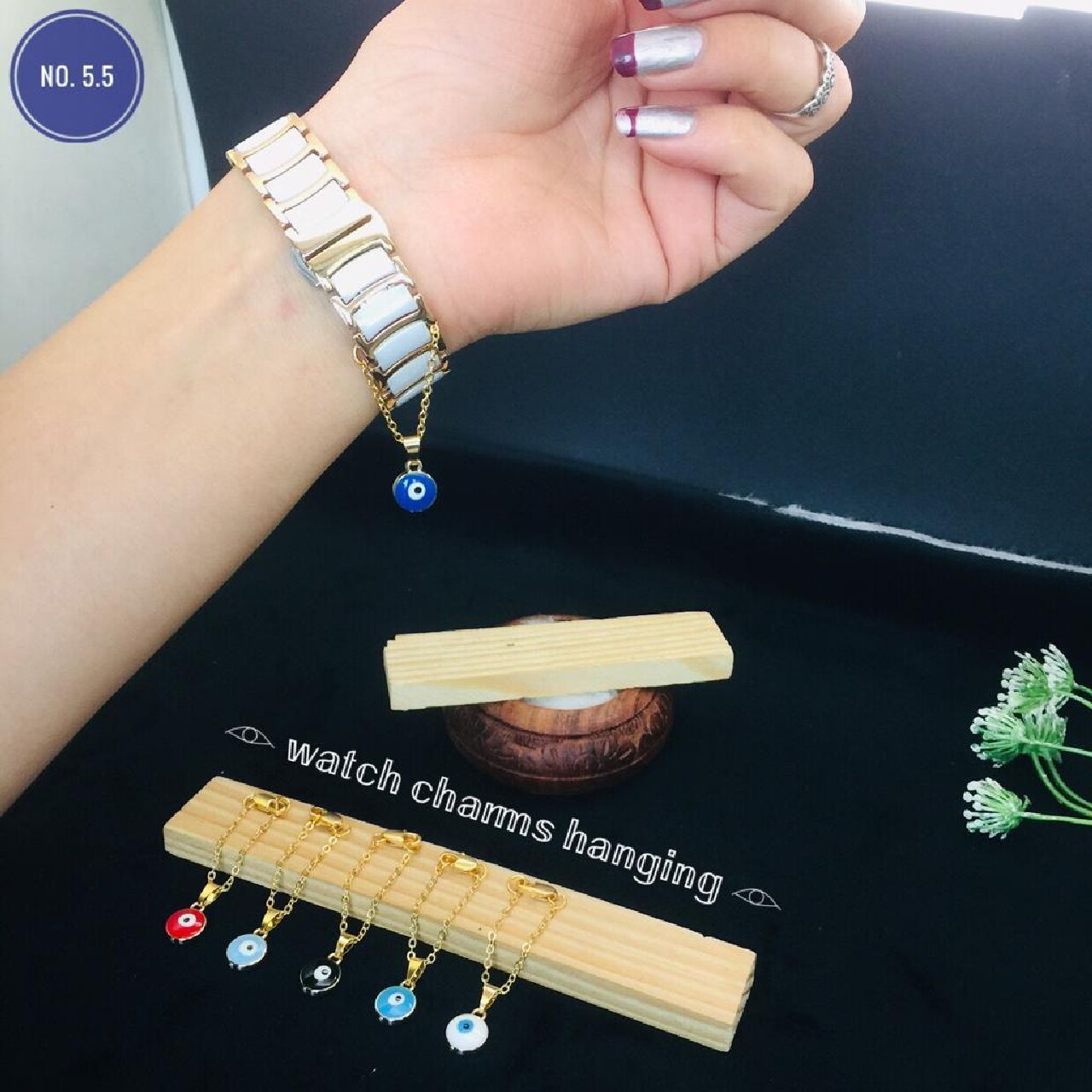 Copper Round Evil Eye Enamel Gold Blue Watch Charm For Women