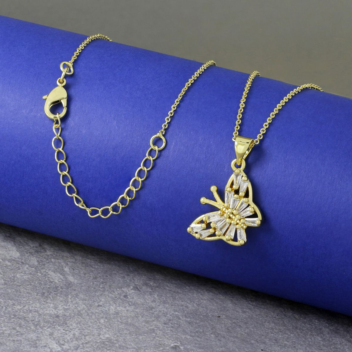 Butterfly Gold Baguette Necklace Pendant Chain