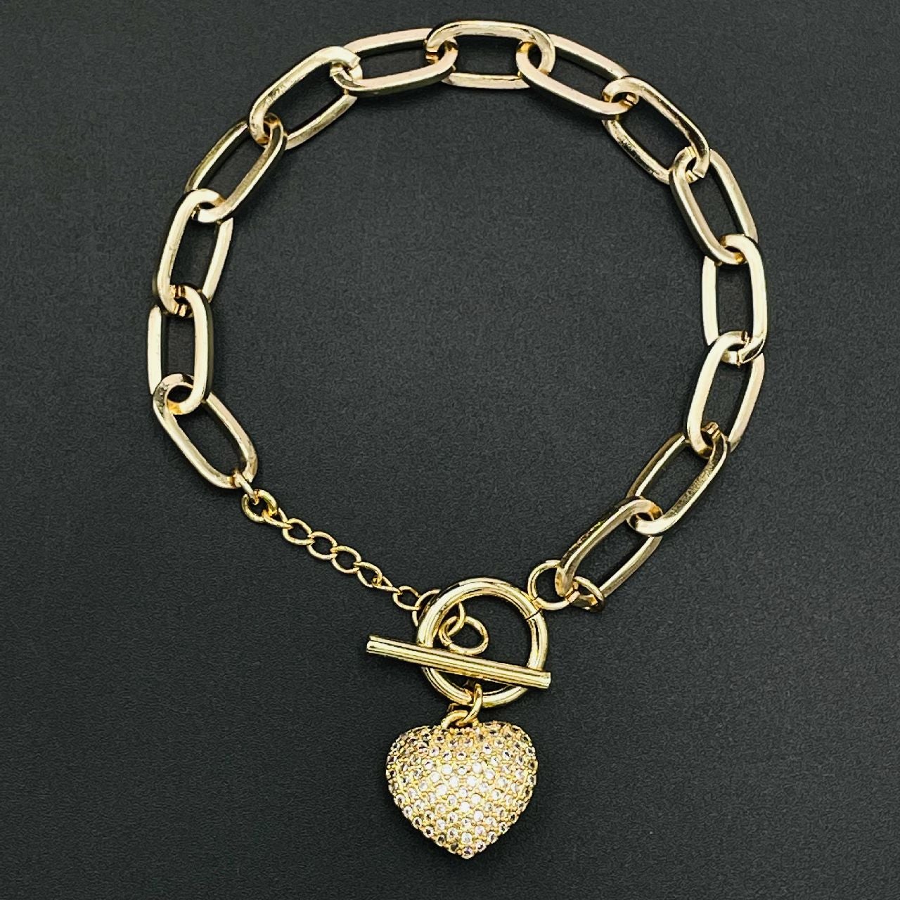 Heart Toggle Gold American Diamond Copper Link Bracelet For Women