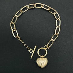 Heart Toggle Gold American Diamond Copper Link Bracelet For Women