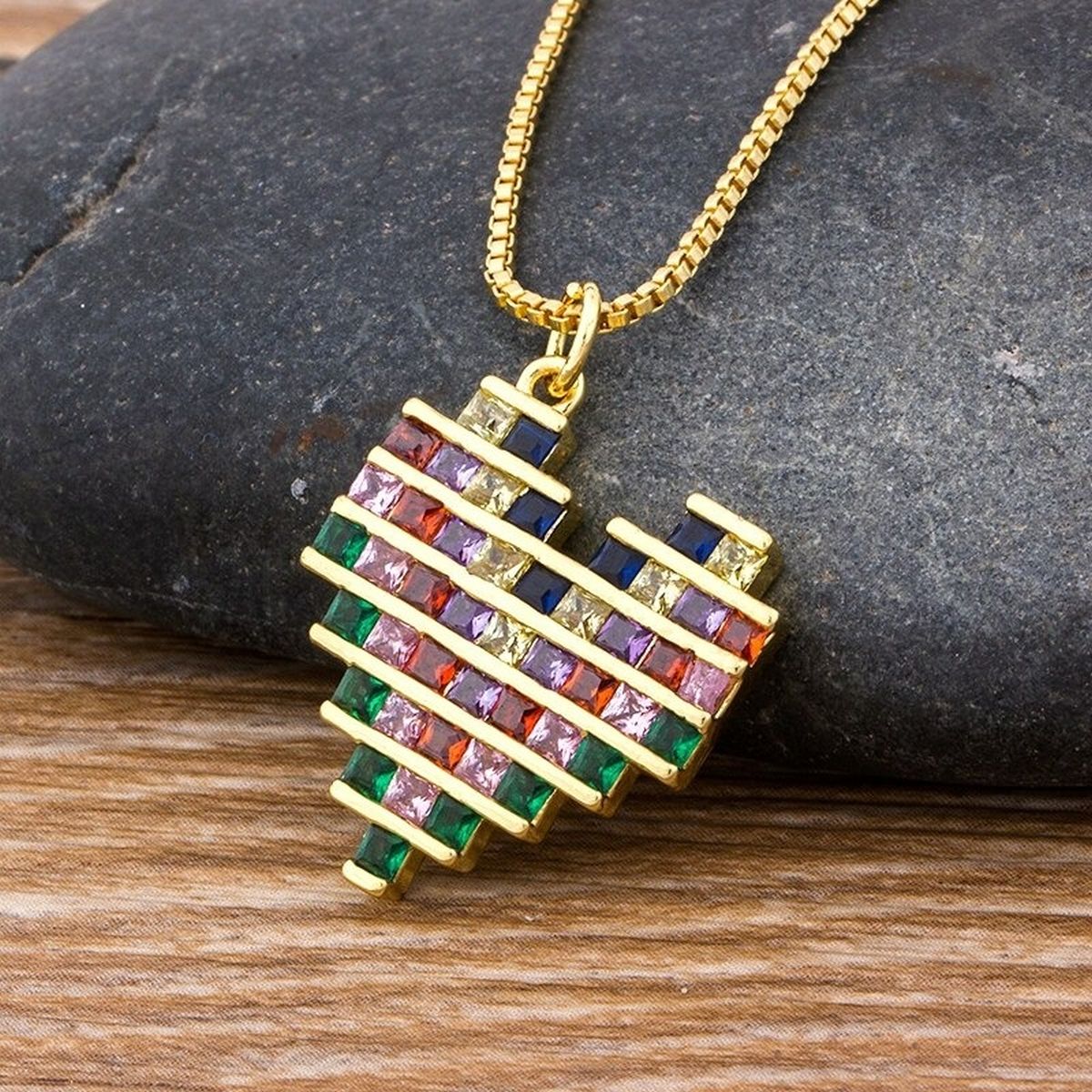 Rainbow Multi Colour Baguette Love Heart Pendant Necklace Chain