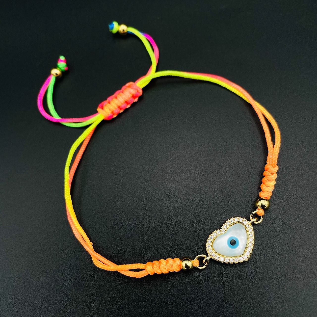CZ Multi Gold Evil Eye Heart Charms Threads Bracelet Girls