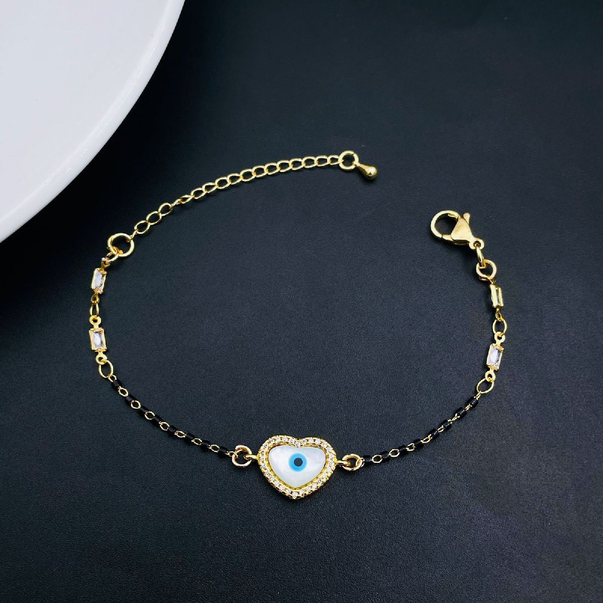 Heart Gold Evil Eye CZ Mother Of Pearl Hand Mangalsutra Bracelet