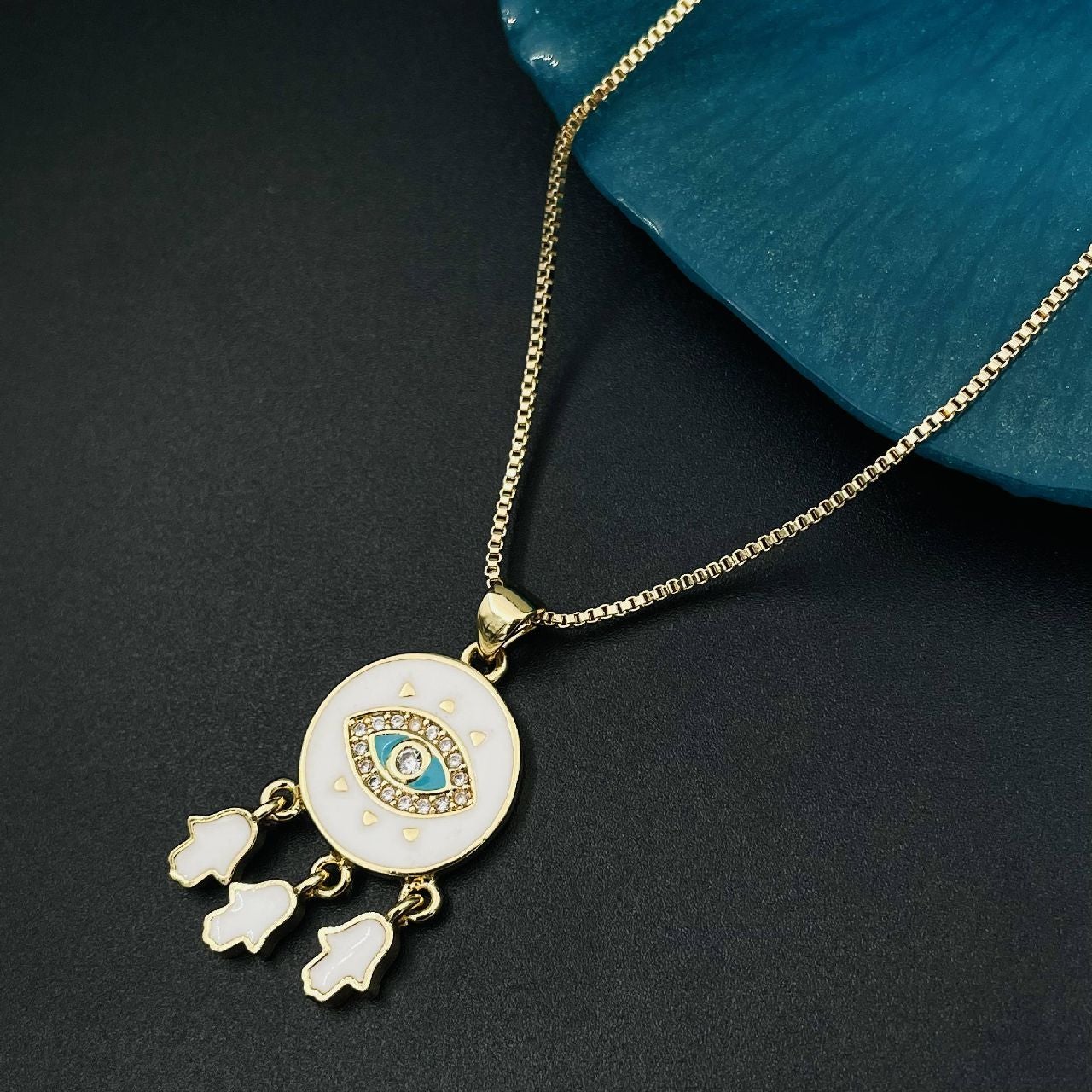 Copper With American Diamonds Enamel White Gold Gold Evil Eye Pendant For Women Girls