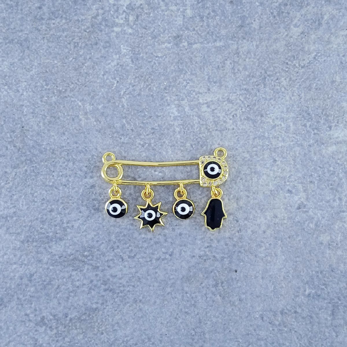 Hamsa Safety Pin Gold Black Enamel Copper Charm For Women