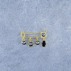 Hamsa Safety Pin Gold Black Enamel Copper Charm For Women