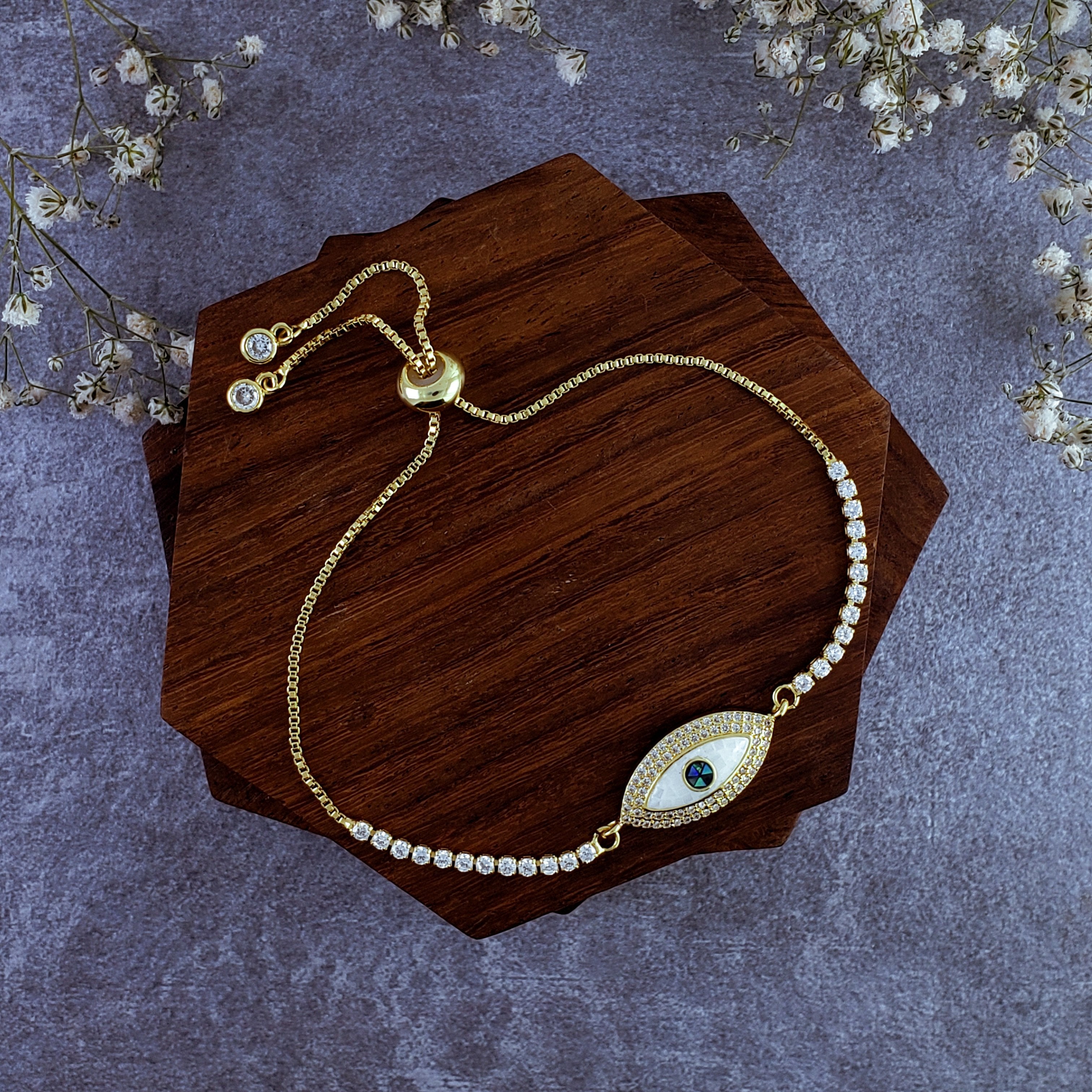 Evil Eye White Gold Oval CZ Slider Adjustable Bracelet