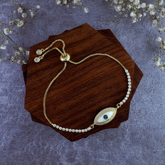 Evil Eye White Gold Oval CZ Slider Adjustable Bracelet