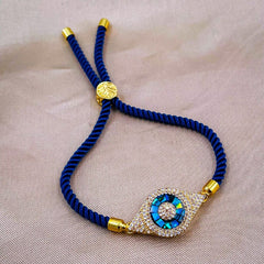 Evil Eye American Diamonds Gold Blue Copper Thread Slider Bracelet For Women