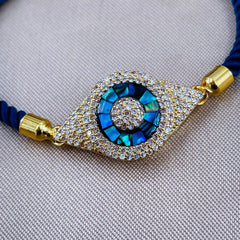 Evil Eye American Diamonds Gold Blue Copper Thread Slider Bracelet For Women