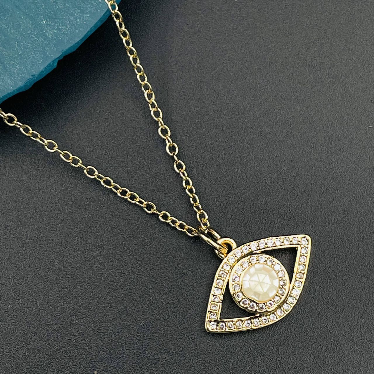 Copper With American Diamonds Pearls White Gold Gold Evil Eye Pendant For Women Girls