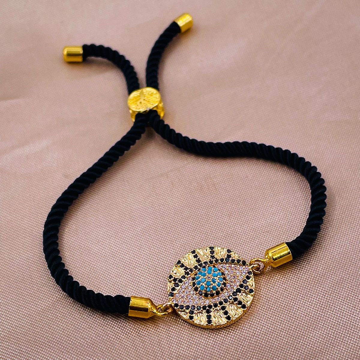 Medallion Evil Eye Copper Gold Black CZ Thread Bracelet