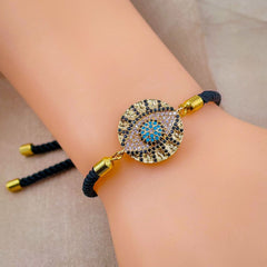 Medallion Evil Eye Copper Gold Black CZ Thread Bracelet