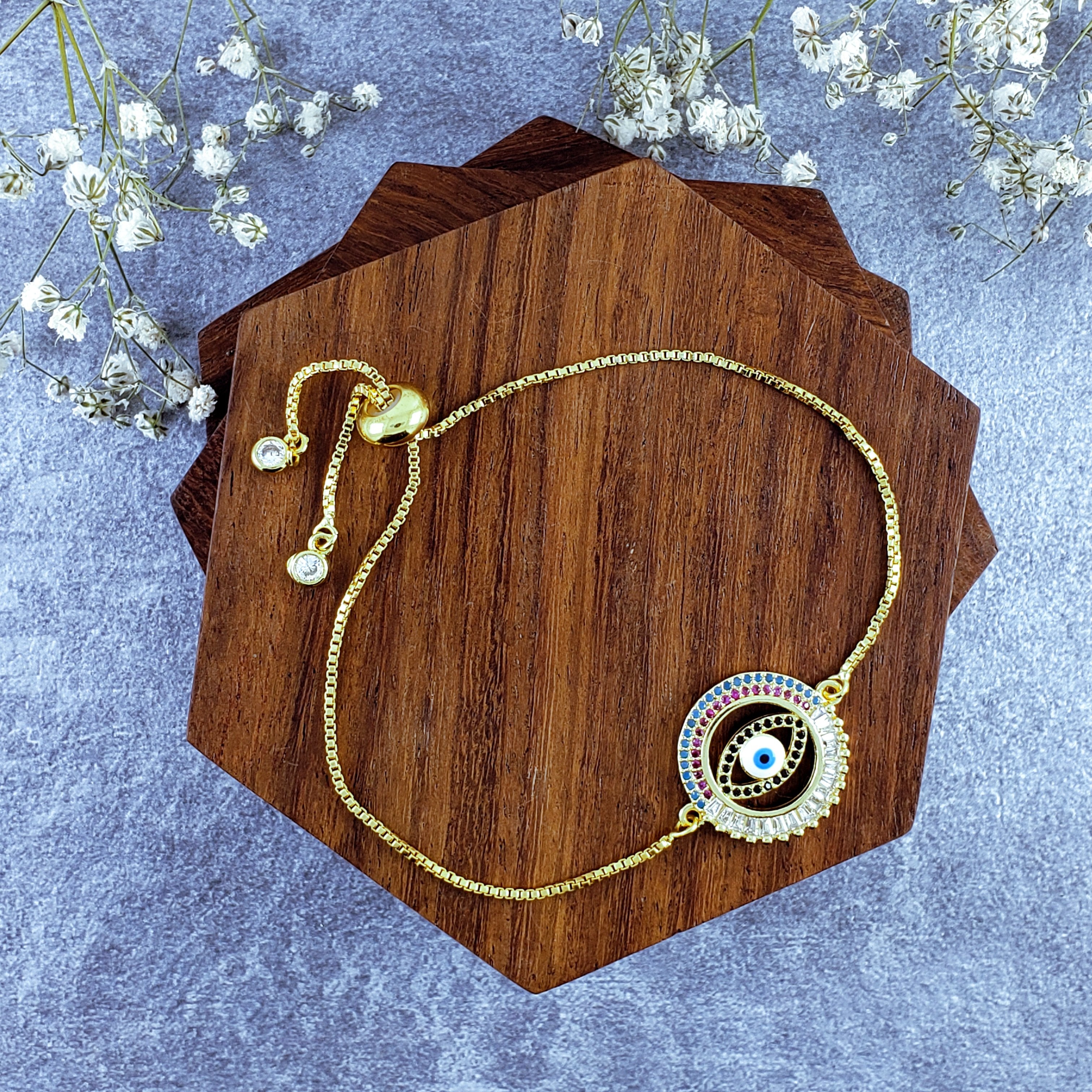 Evil Eye Round Cubic Zirconia Slider Adjustable Bracelet For Men