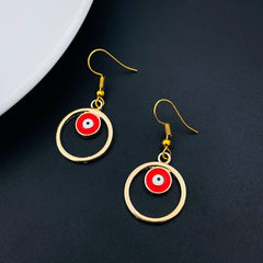 Round Evil Eye Red Enamel Gold Drop Dangler Earring Pair For Women