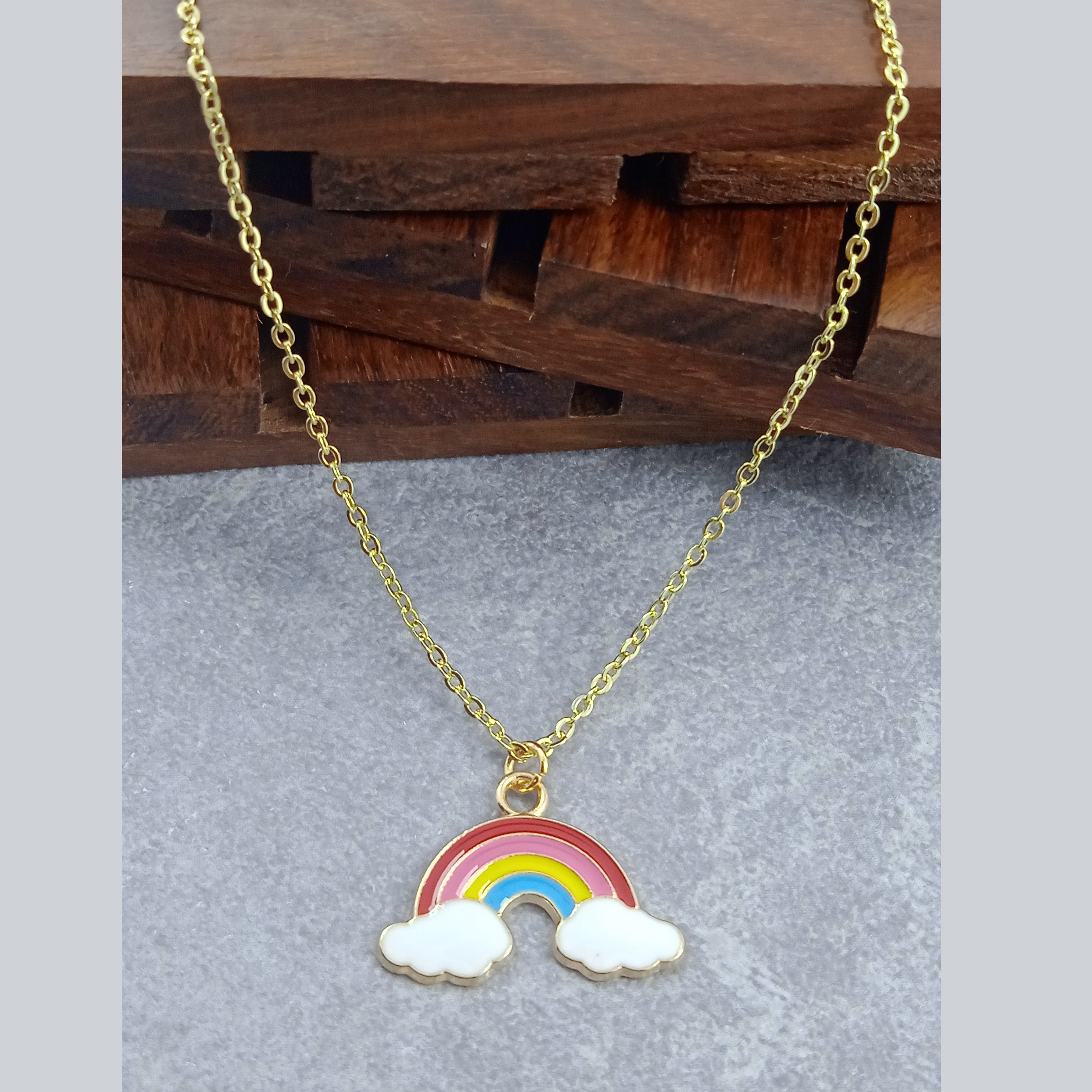 Rainbow Cloud Brass Gold Enamel Pendant Chain Necklace Women