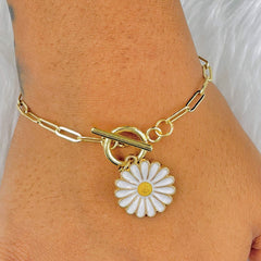 Daisy Flower White Yellow Gold Charms Chain Link Bracelet Girls