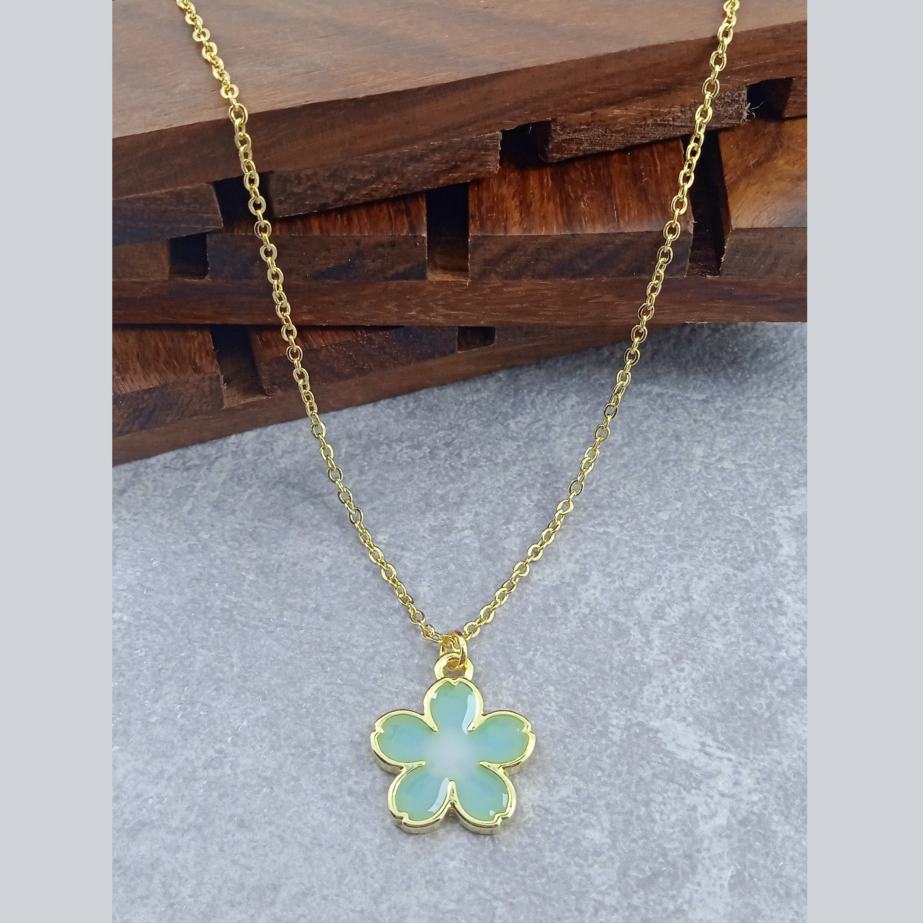 Flower Brass Green Gold Pendant Chain Necklace For Women