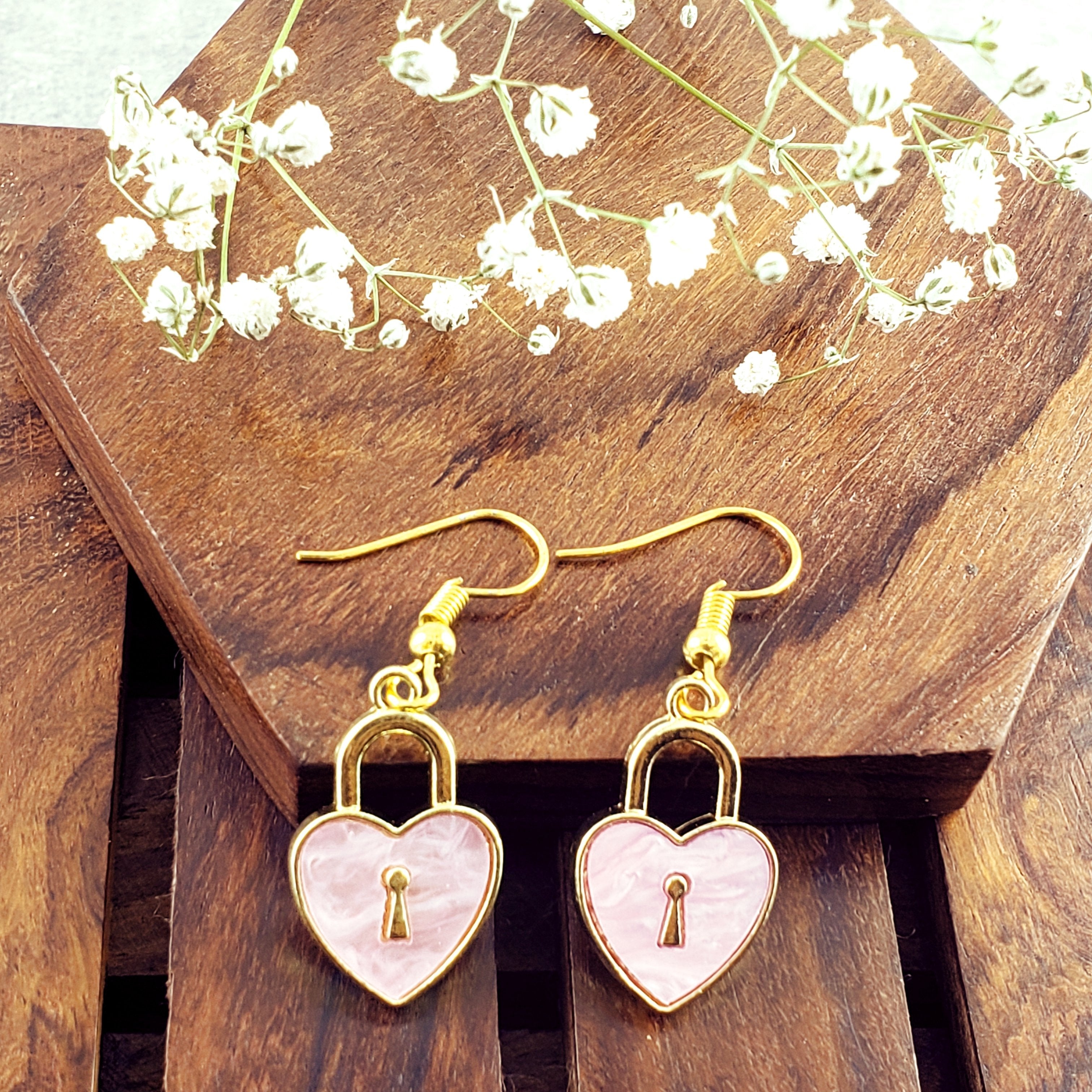 Lock Pink Gold Drop Earring Pair For Women