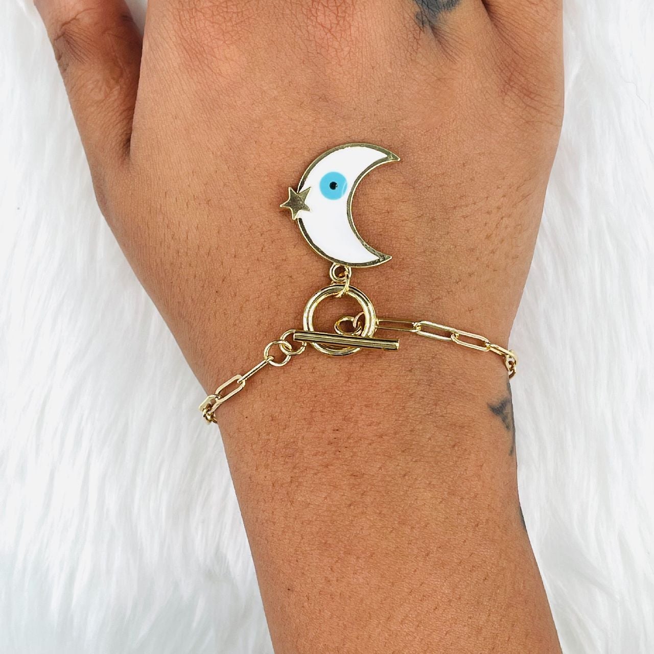 White Blue Gold Moon Evil Eye Charms Chain Link Bracelet Girls