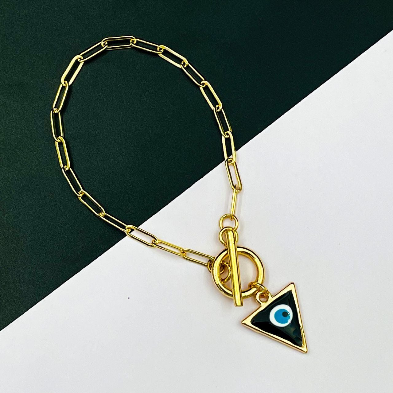 Copper Black Blue Gold Enamel Triangle Evil Eye Charms Chain Link Bracelet For Women Girls