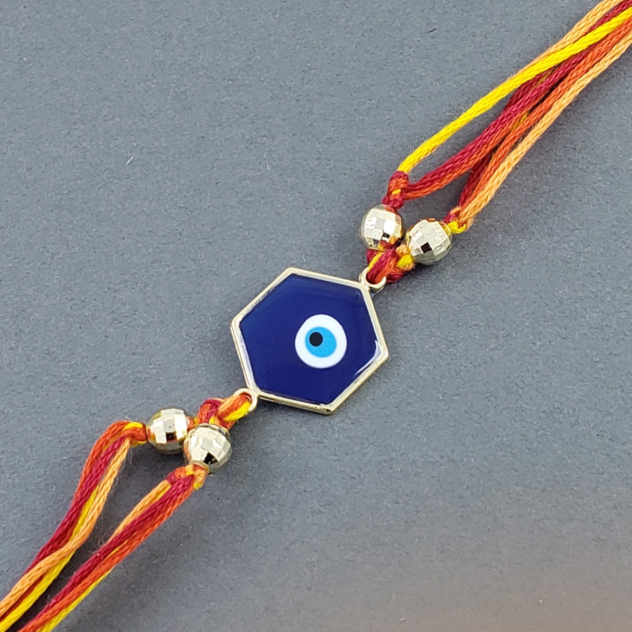 Hexagon Evil Eye Dark Blue Beads Thread Rakhi For Men