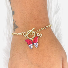Copper American Diamonds White Red Gold Alphabet Initial Customized Letter Butterfly Charms Chain Link Bracelet For Women Girls