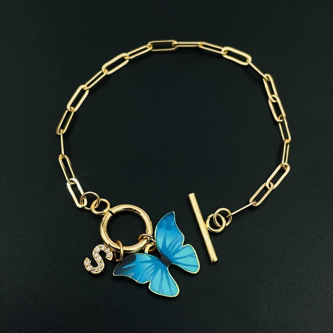 Copper American Diamonds Gold Blue Gold Alphabet Initial Customized Letter Butterfly Charms Chain Link Bracelet For Women Girls