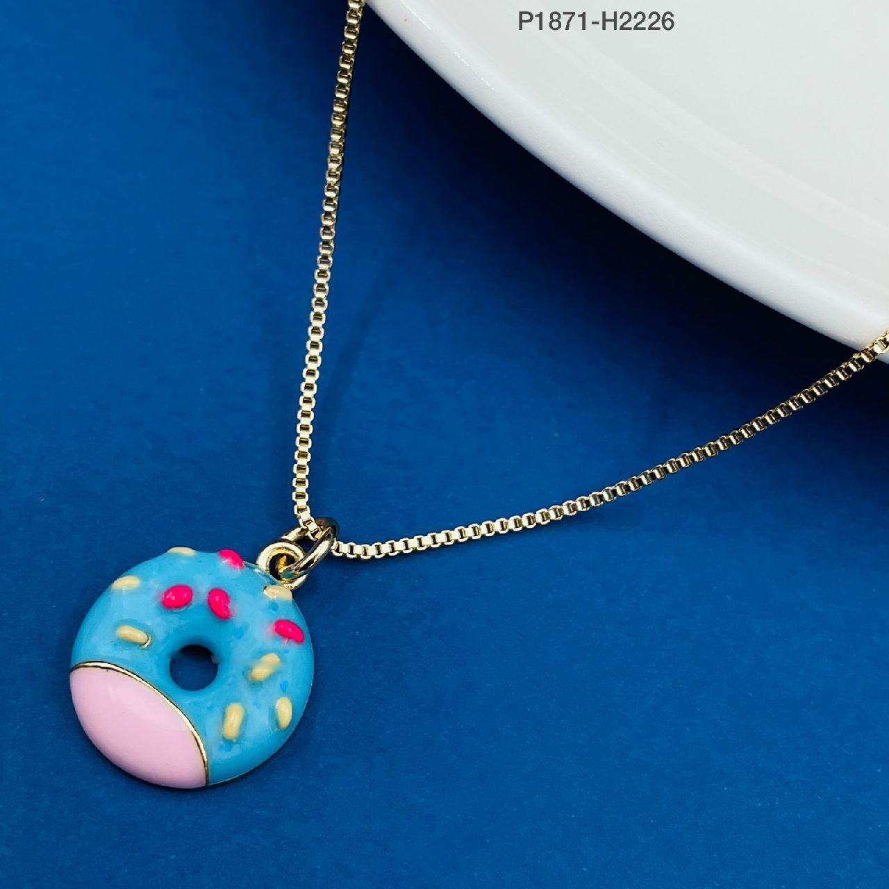 Copper Enamel Blue White Gold Donut Necklace Pendant Chain For Women Girls