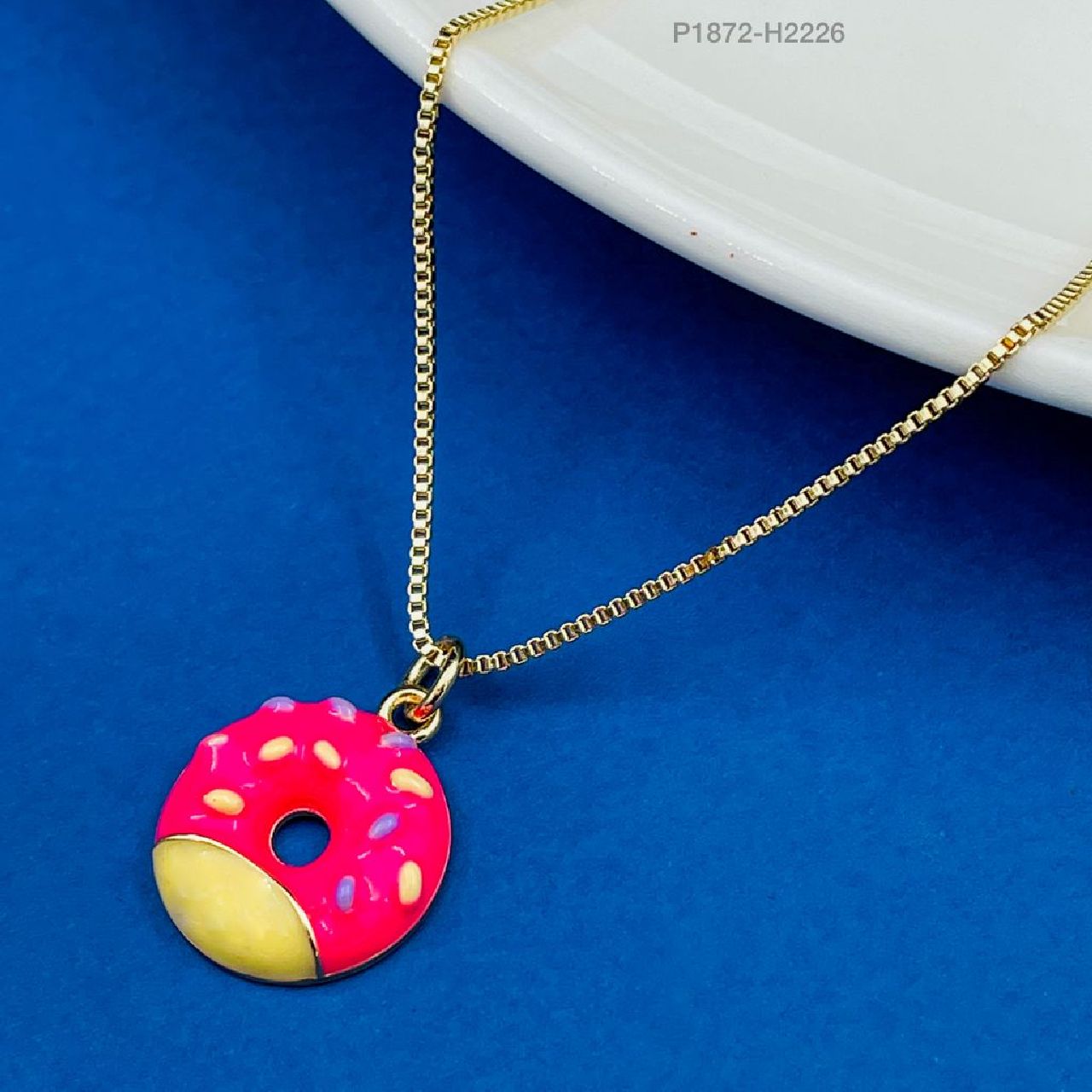 Copper Enamel Pink Yellow Gold Donut Necklace Pendant Chain For Women Girls