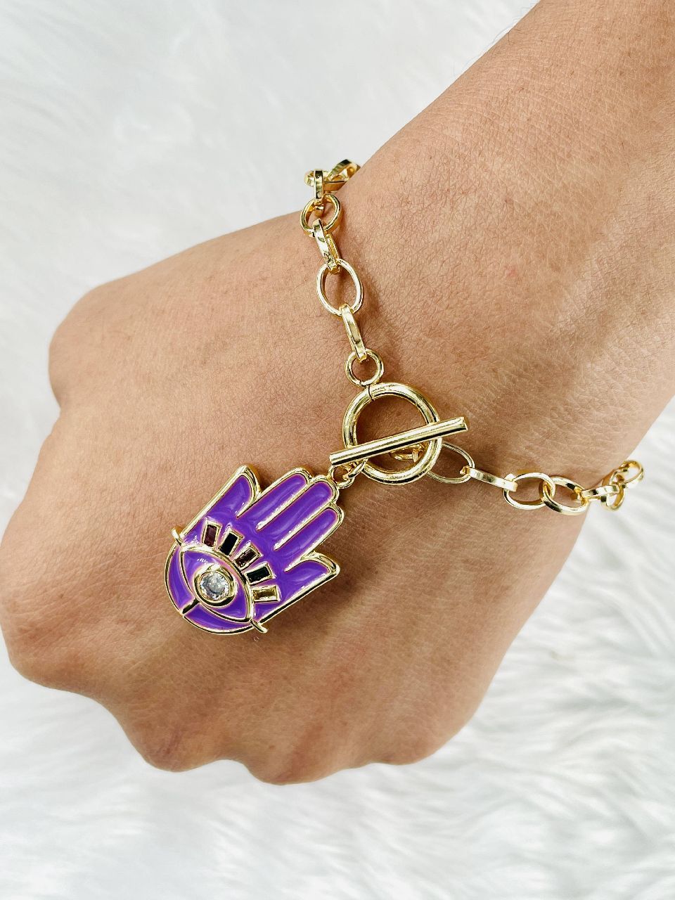 Copper CZ Enamel Purple Black Gold Hamsa Charms Bracelet Girls