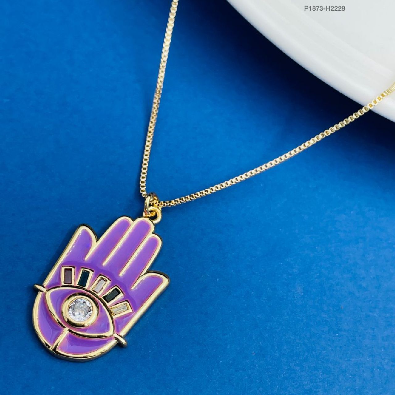 Copper Enamel Cubic Zirconia Purple Gold Evil Eye Necklace Pendant Chain For Women Girls