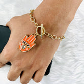 Copper CZ Enamel Orange Gold Hamsa Charms Bracelet Girls