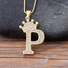 Crown Alphabet Letter A Gold American Diamond Copper Pendant Chain for Women
