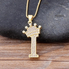 Crown Alphabet Letter A Gold American Diamond Copper Pendant Chain for Women
