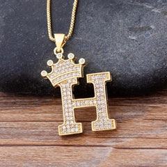 Crown Alphabet Letter A Gold American Diamond Copper Pendant Chain for Women
