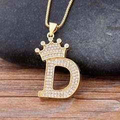 Crown Alphabet Letter A Gold American Diamond Copper Pendant Chain for Women