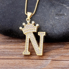 Crown Alphabet Letter A Gold American Diamond Copper Pendant Chain for Women