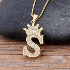 Crown Alphabet Letter A Gold American Diamond Copper Pendant Chain for Women