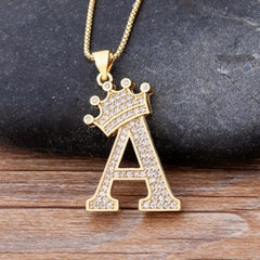 Crown Alphabet Letter A Gold American Diamond Copper Pendant Chain for Women