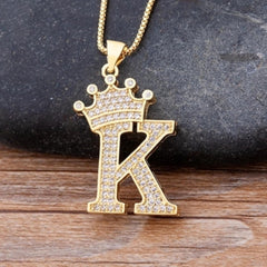 Crown Alphabet Letter A Gold American Diamond Copper Pendant Chain for Women