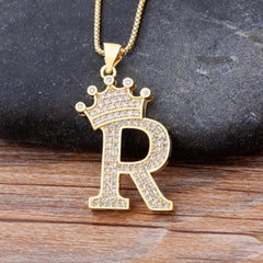 Crown Alphabet Letter A Gold American Diamond Copper Pendant Chain for Women