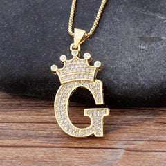 Crown Alphabet Letter A Gold American Diamond Copper Pendant Chain for Women