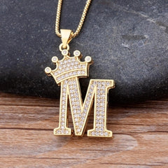 Crown Alphabet Letter A Gold American Diamond Copper Pendant Chain for Women