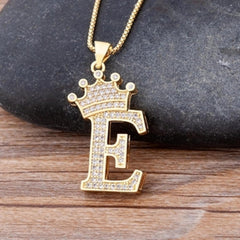 Crown Alphabet Letter A Gold American Diamond Copper Pendant Chain for Women