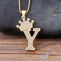 Crown Alphabet Letter A Gold American Diamond Copper Pendant Chain for Women